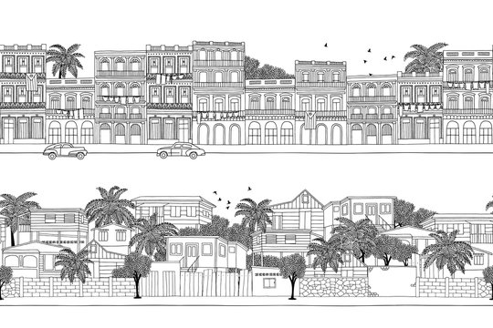 Two hand drawn seamless banners with Caribbean homes - Cuban houses and a little village in Trinidad & Tobago