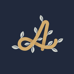 Vintage gold letter A logo with silver leaves.