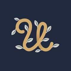 Vintage gold letter U logo with silver leaves.