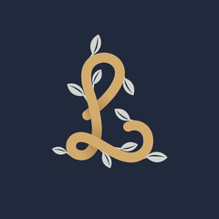 Vintage gold letter L logo with silver leaves.