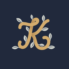 Obraz na płótnie Canvas Vintage gold letter K logo with silver leaves.