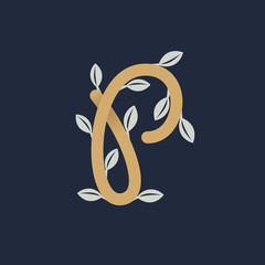 Vintage gold letter P logo with silver leaves.