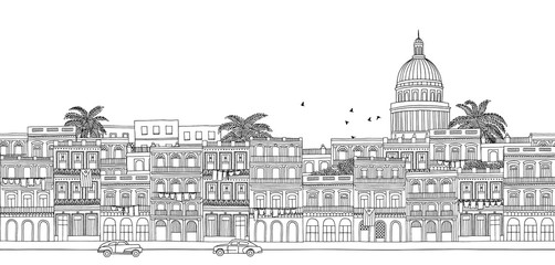 Havana, Cuba - seamless banner of Havana's skyline, hand drawn black and white illustration - 114534430