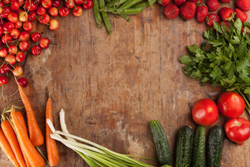 Healthy fresh vegetable on flat wood background, high in antioxidants, anthocyanins, vitamins, dietary fiber and minerals