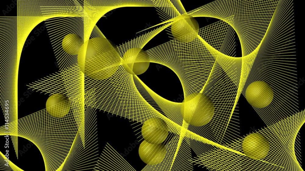 Poster a retro abstract line art design with spheres animation in yellow on a black background