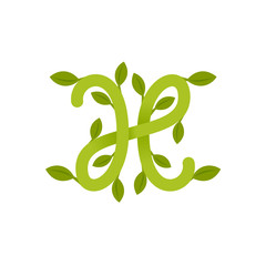 Letter H logo with green leaves.