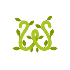 Letter W logo with green leaves.