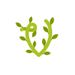 Letter V logo with green leaves.