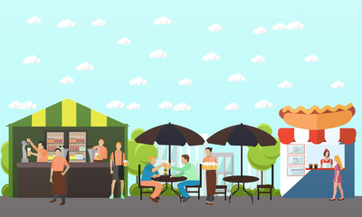 Vector set of brewery and beer restaurant concept banners. Visitors drink wine in street cafe.