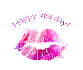 Print of pink lips. Lipstick kiss on white background. Card for International Kissing Day. Sexy kissing woman lips.