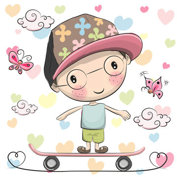 Cute Boy wiht a cap on a skateboard