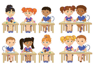 Set funny pupils sit on desks read draw clay cartoon illustration