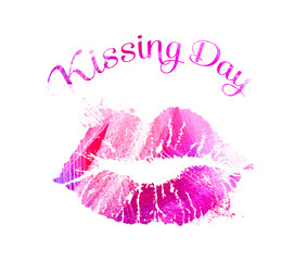 Print of pink lips. Lipstick kiss on white background. Card for International Kissing Day. Sexy kissing woman lips.