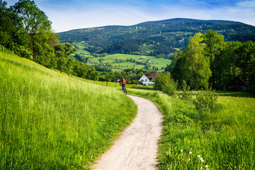Biker riding on green hills against mountain valley background. Germany, Black Forest. Scenic summer countryside landscape.