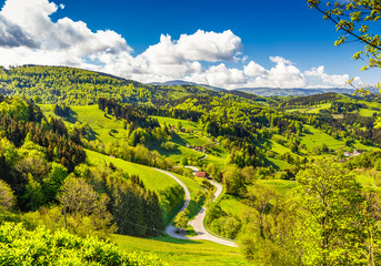 Scenic countryside landscape: green summer mountain valley with forests, fields and old houses in...