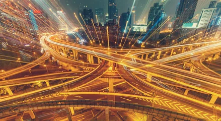 Papier Peint photo Lavable Autoroute dans la nuit Vue sur la célèbre intersection de l& 39 autoroute Dragon à Shanghai, en Chine, avec circulation. Horizon nocturne abstrait.