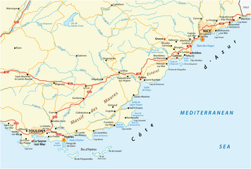 detailed vector road map of french riviera - obrazy, fototapety, plakaty
