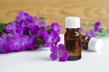Fototapeta na wymiar Small bottle of natural cosmetic (essential) aroma oil 