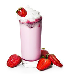 Delicious milkshake with strawberry, isolated on white