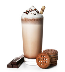 Delicious milkshake with chocolate and cookies, isolated on white