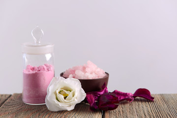 Spa composition with salt on light background