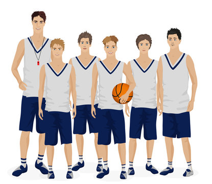 Young guys school basketball team with coach trainer. Vector illustration
