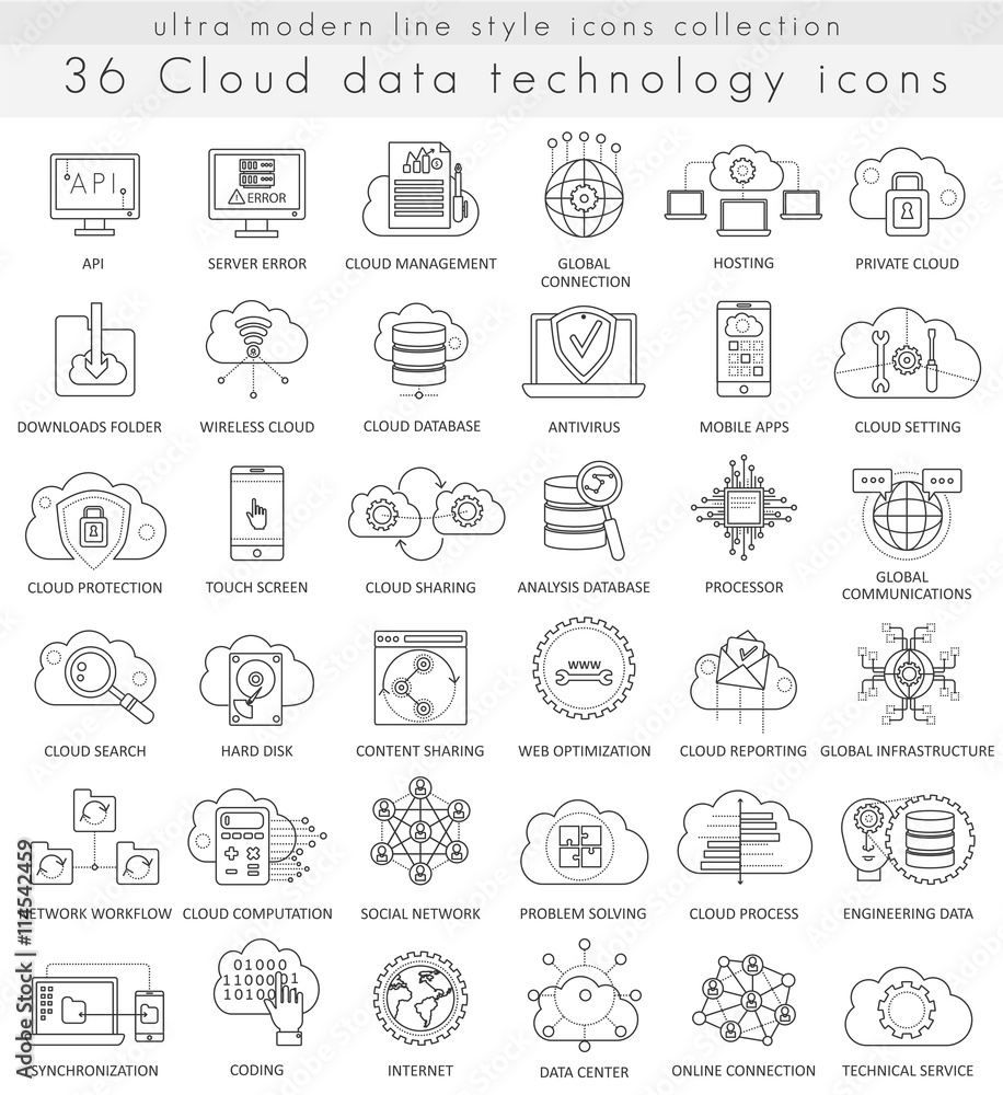 Aufkleber vector cloud data technology ultra modern outline line icons for web and apps.