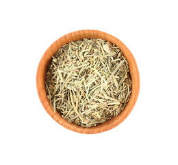 Dried rosemary in small wooden bowl isolated on white