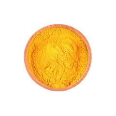 Powdered turmeric in small wooden bowl isolated on white