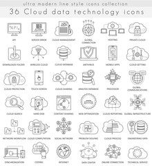 Vector Cloud data technology ultra modern outline line icons for web and apps.