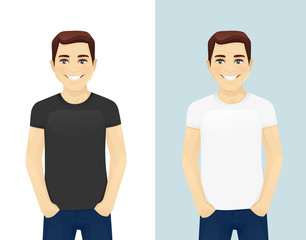 Young man in blank white and black T-shirts isolated