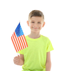 Boy and American flag on white background