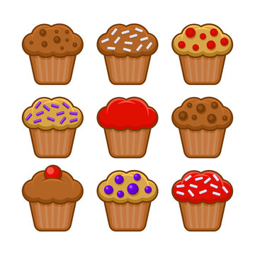 Muffin Icon Set. Blueberry, Chocolate And Cherry Cupcake. Vector