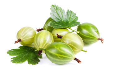 Berries of gooseberry closeup. Ripe juicy sweet berries with green leaf on a white background