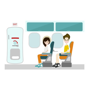 Passenger sitting at window seat and Emergency Door on Flight  vector/ Illustration
