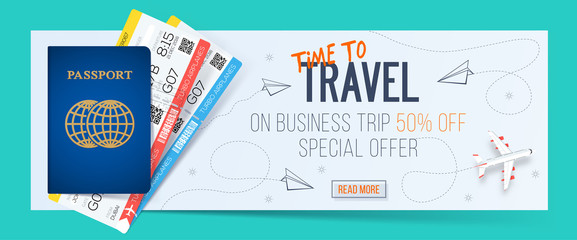 Special offer on business Travel. Business trip banner. Passport with tickets. Air travel concept. Business travel illustration. 50% off. - obrazy, fototapety, plakaty