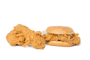 Calf, chest fried chicken and Crisp chicken burger isolated on w