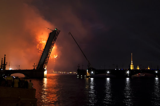 The fireworks and a laser show in the waters of the Neva River i