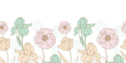 Vector Vintage Flowers Pastel Horizontal Border Seamless Repeat Pattern With Tulips, Poppies, Iris In Classic Retro Style Textile Design