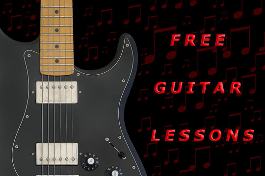 Free electric guitar lessons on black background.