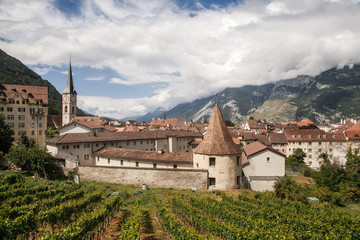 Fototapeta na wymiar Beautiful view at town Chur , vineyards and Alps mountains, Switzerland