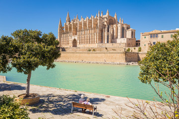 Senior couple having rest at the park near the main cathedral of Palma de Mallorca © iushakovsky