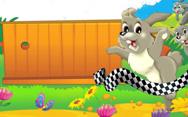 Cartoon farm scene - happy rabbit is looking and jumping - near the finish line - space for text - illustration for children