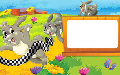 Cartoon farm scene - happy rabbit is running to the finish line - space for text - illustration for children