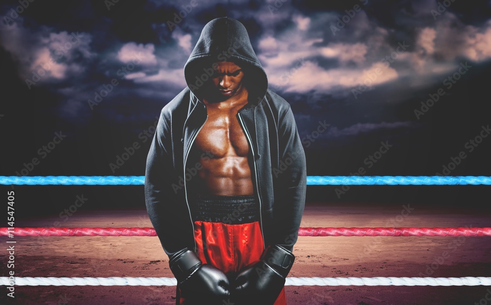 Poster composite image of boxer posing after failure