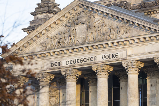 Close up of pediment of Reichstag (Bundestag) of Berlin