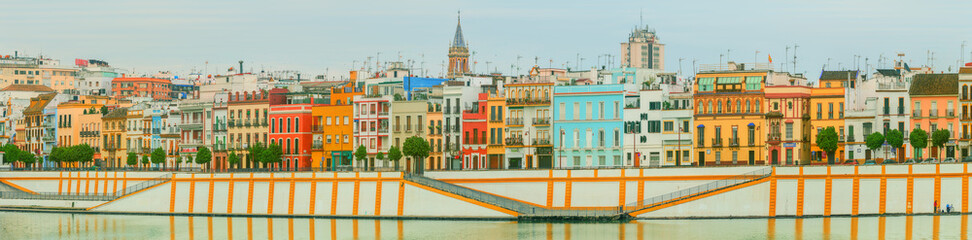 Seville panoramic cityscape with historical buildings, city skyline Sevilla, Spain
