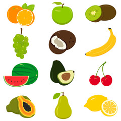 Set of colorful cartoon fruit icons isolated on white. Vector