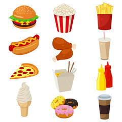 Set of colorful cartoon fast food icons isolated on white. Vector