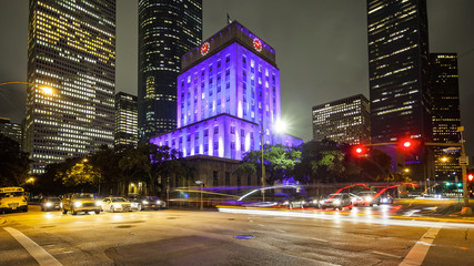 Fototapeta na wymiar Houston City Hall & Traffic at Night in Downtown Houston, Texas